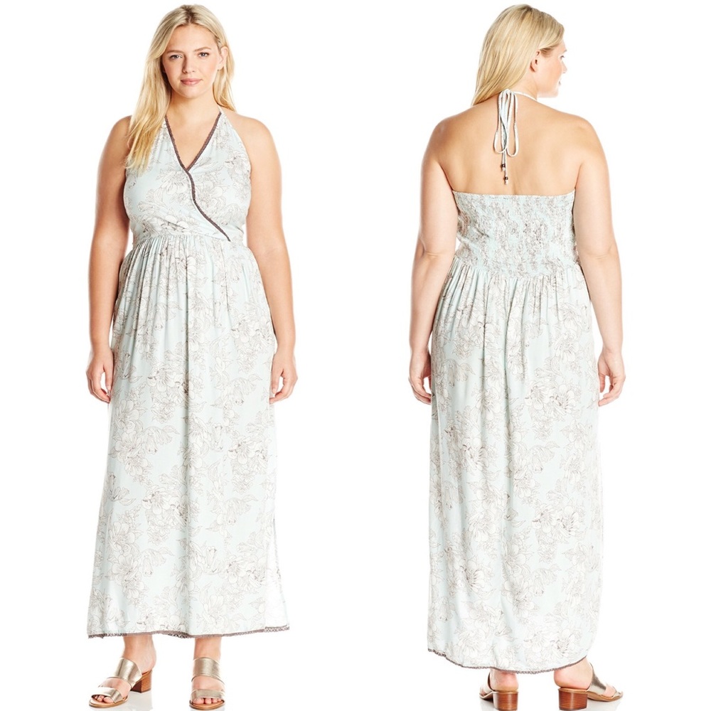 Soft Mint Floral Tie Back Halter Deep V Maxi Dress - Picture 1 of 3